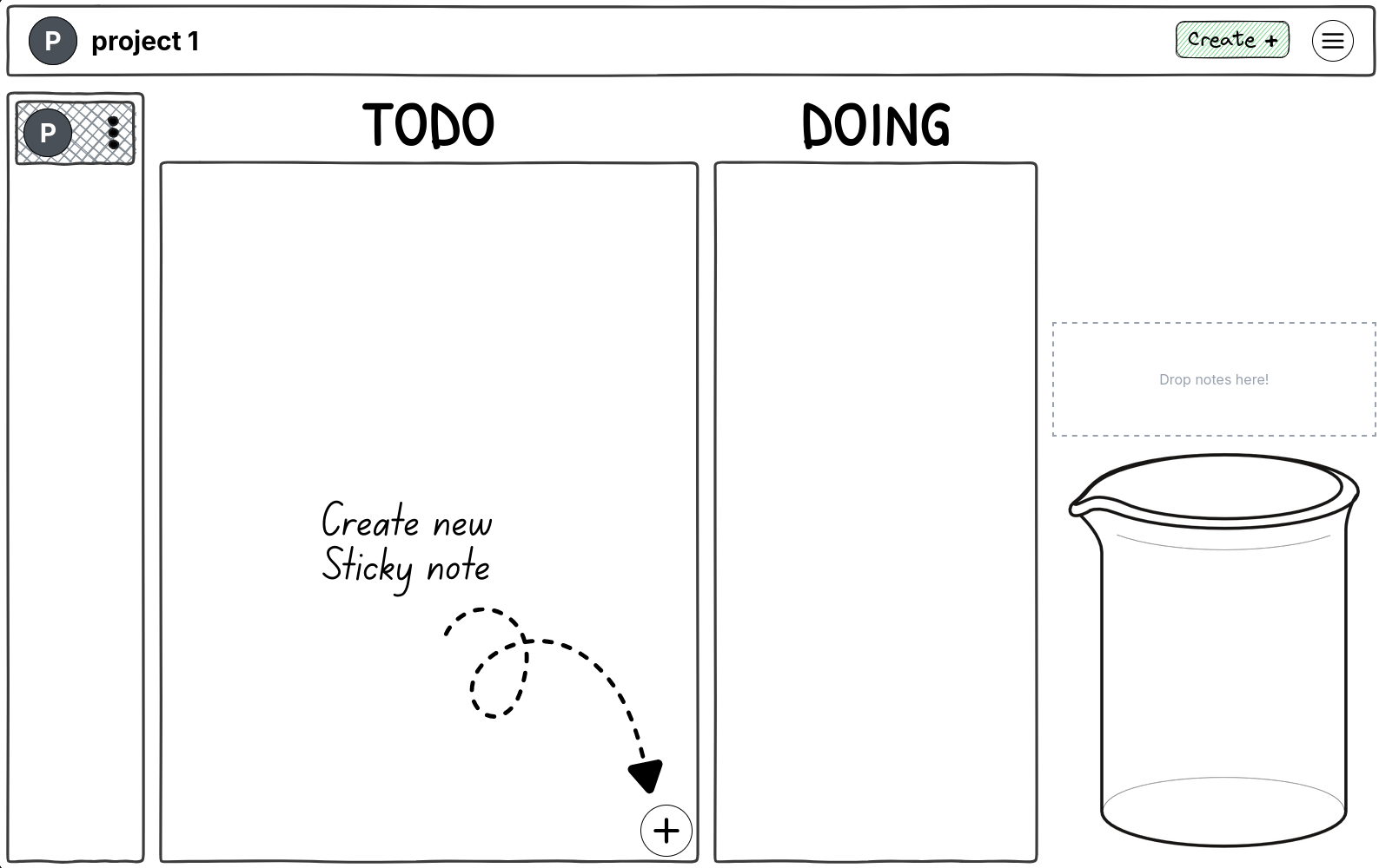 Screenshot showing a user creating a new sticky note task by clicking the plus button in the TODO column